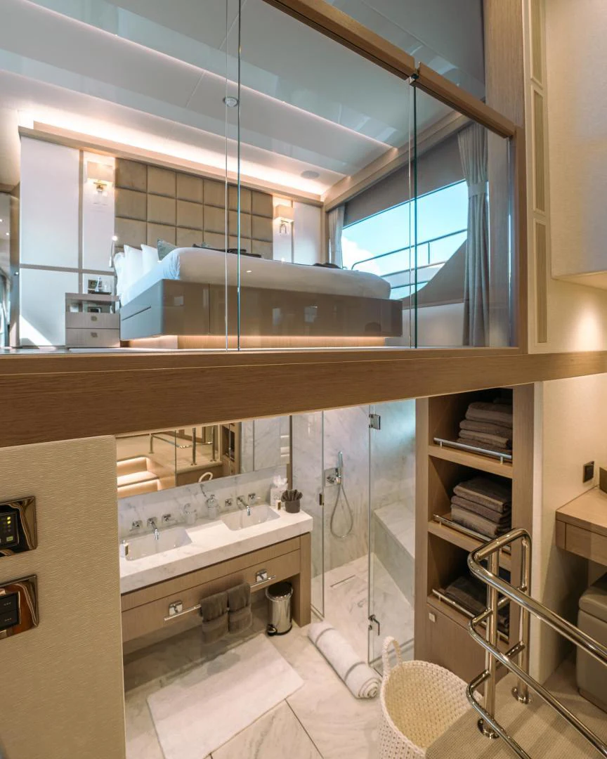 a room with shelves and a sink aboard EOS Yacht for Sale