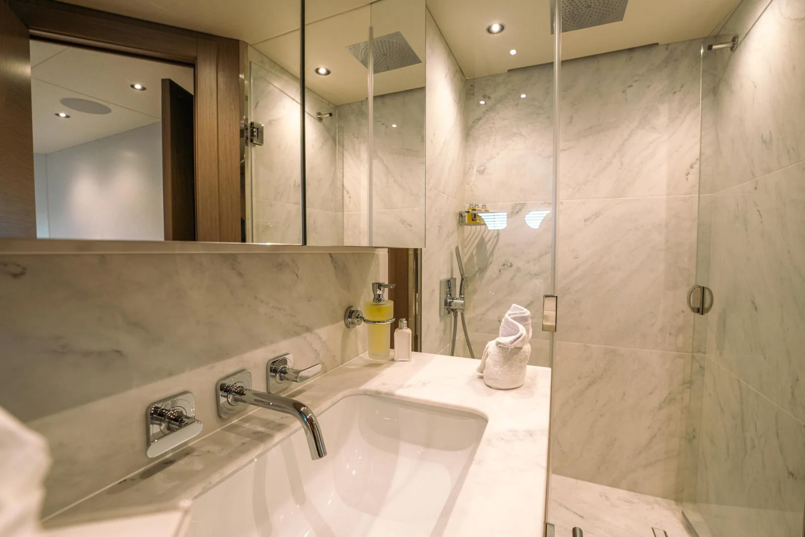 a bathroom with a large shower aboard EOS Yacht for Sale