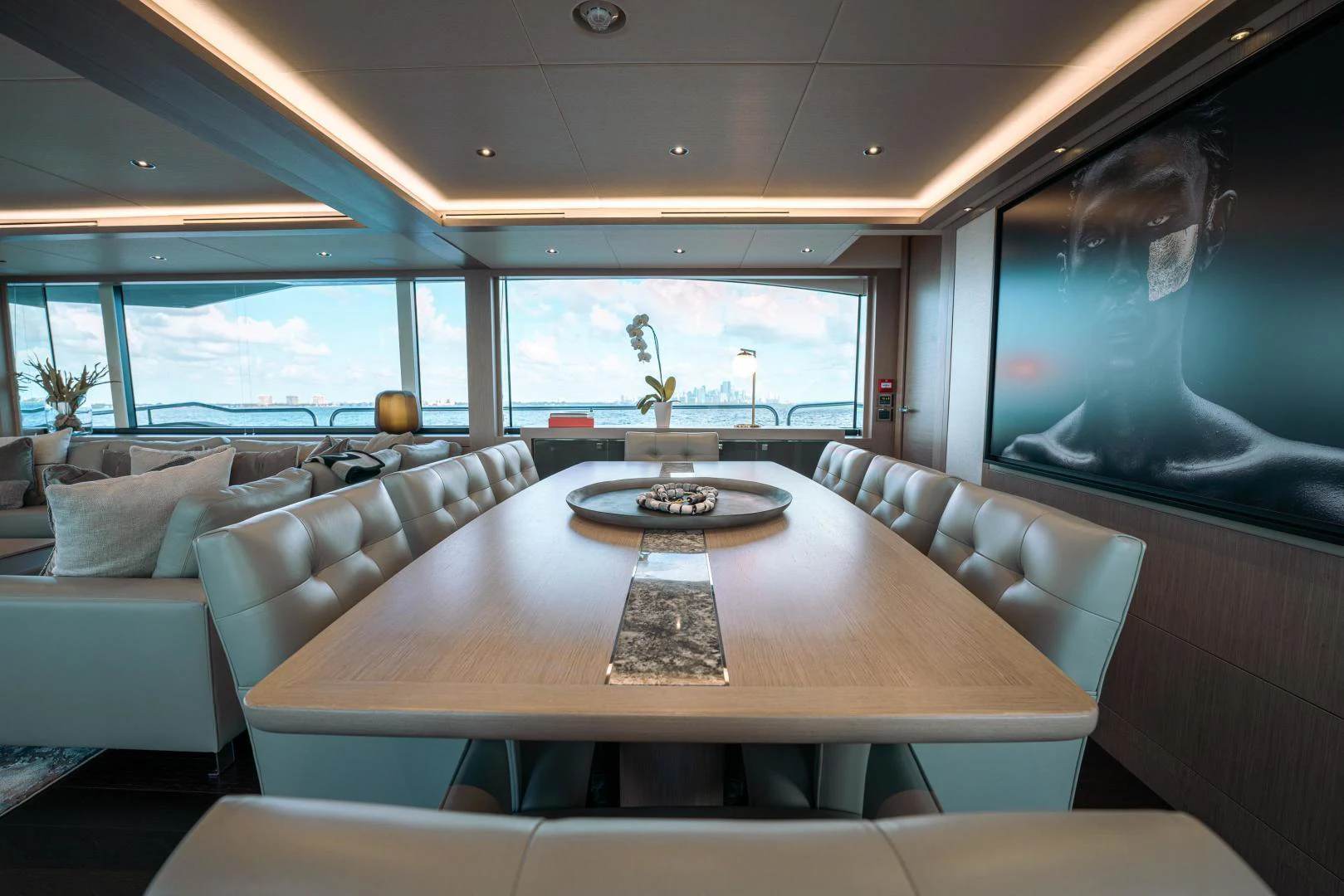 a table with a plate on it aboard EOS Yacht for Sale