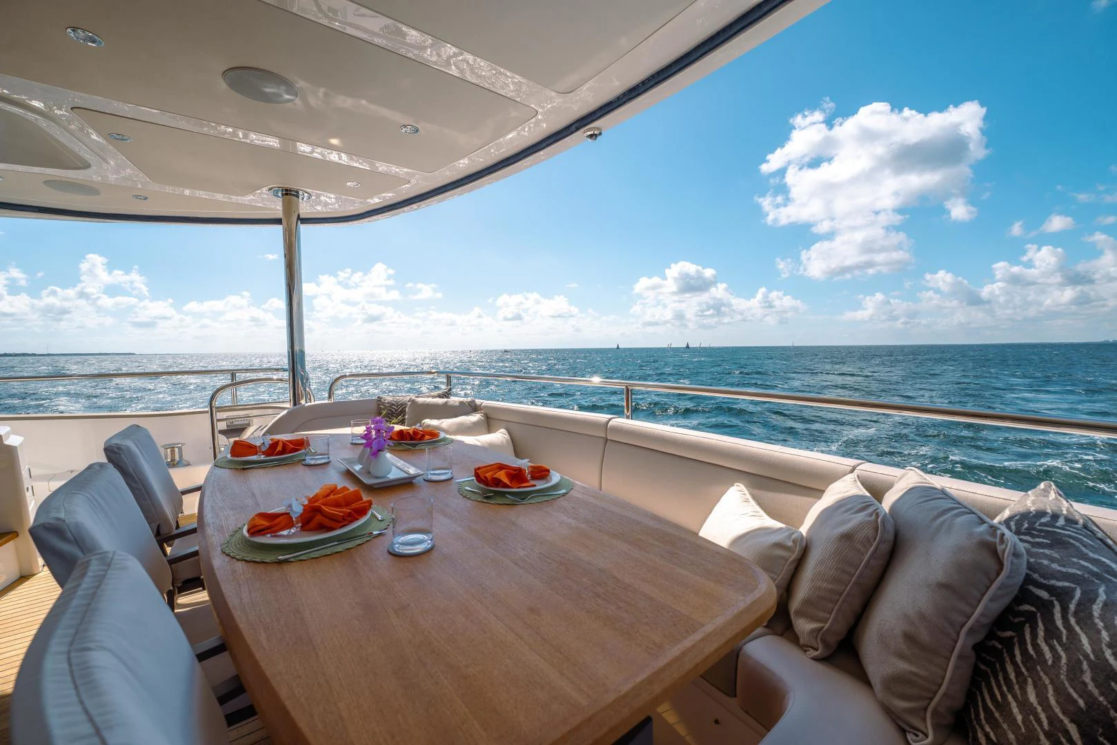 a table on a boat aboard EOS Yacht for Sale