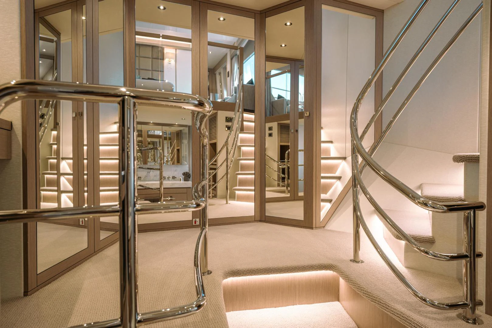 a hallway with glass doors aboard EOS Yacht for Sale