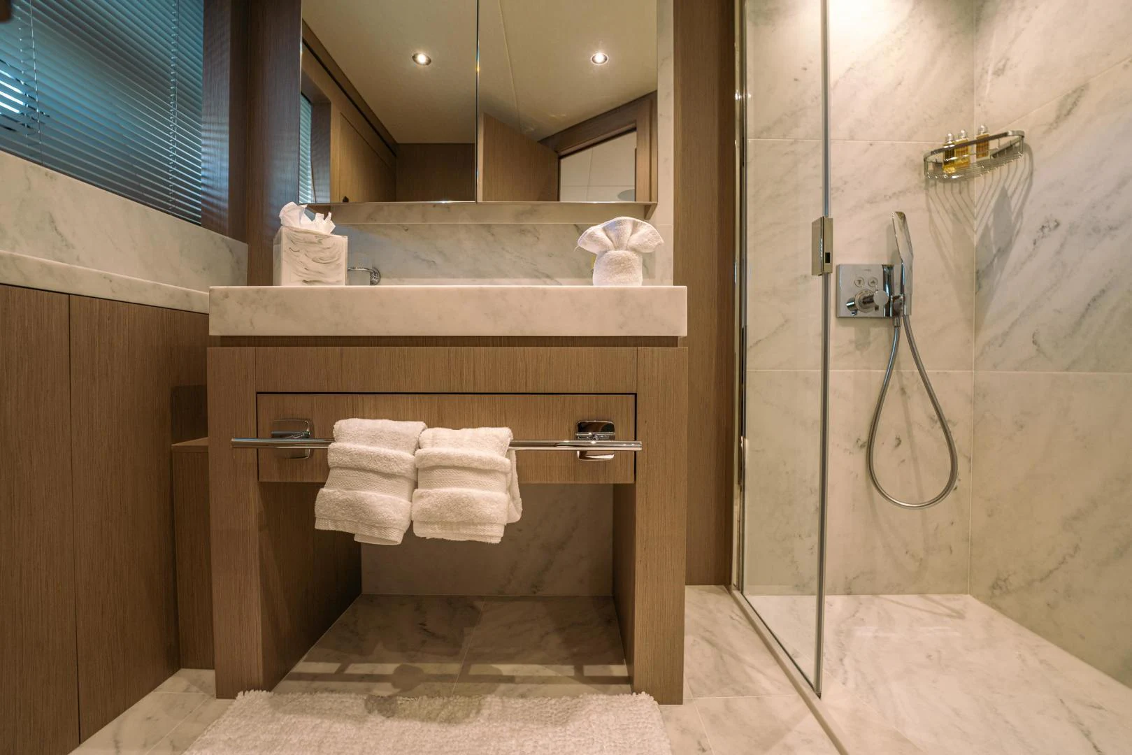 a bathroom with a shower aboard EOS Yacht for Sale