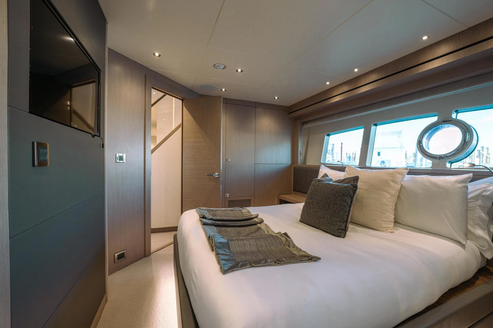 a bed in a room aboard EOS Yacht for Sale