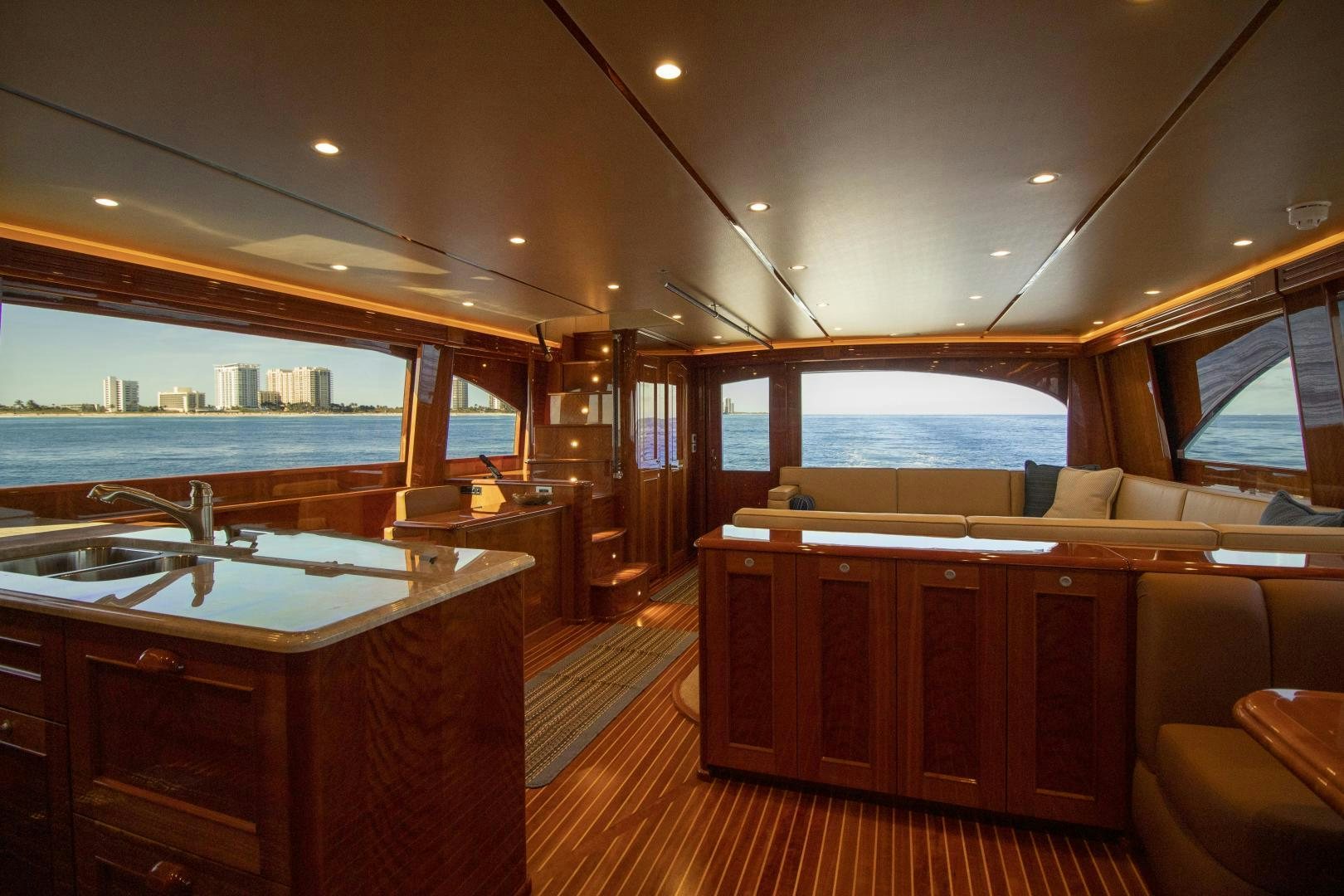 a kitchen with a large window aboard VICTORY Yacht for Sale