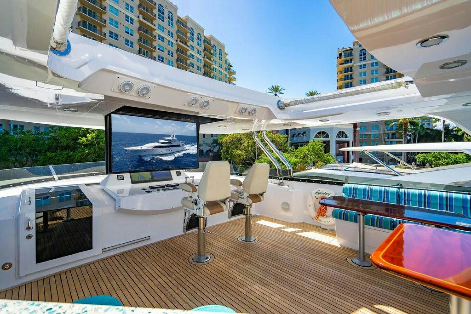 a room with a large screen aboard NORTH COAST 120 Yacht for Sale