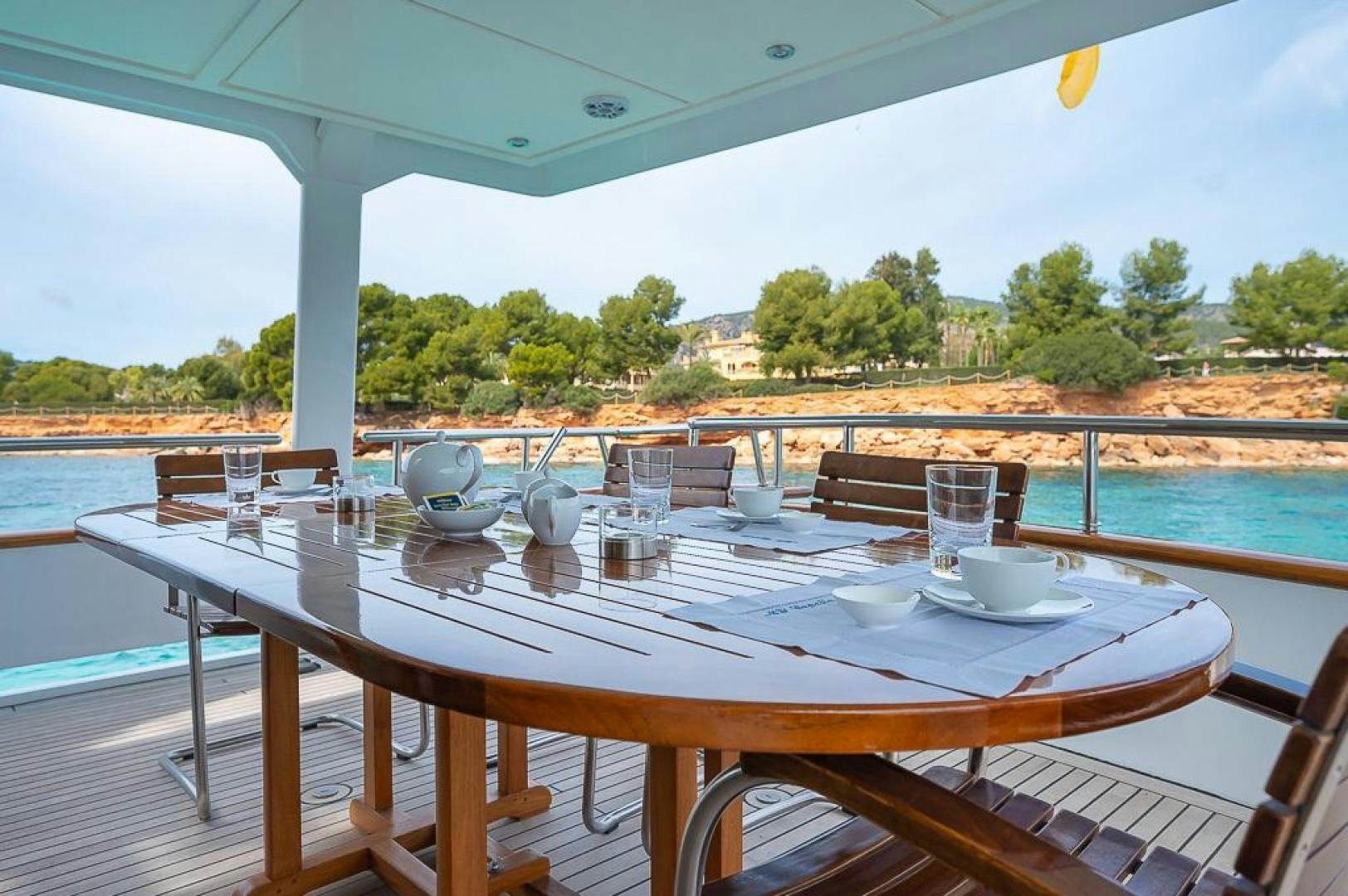 a table with plates and glasses on it aboard CAPELLA Yacht for Sale