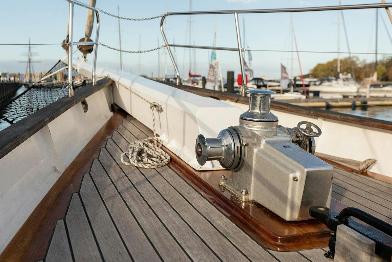 a metal object on a deck aboard SKYTHIA Yacht for Sale