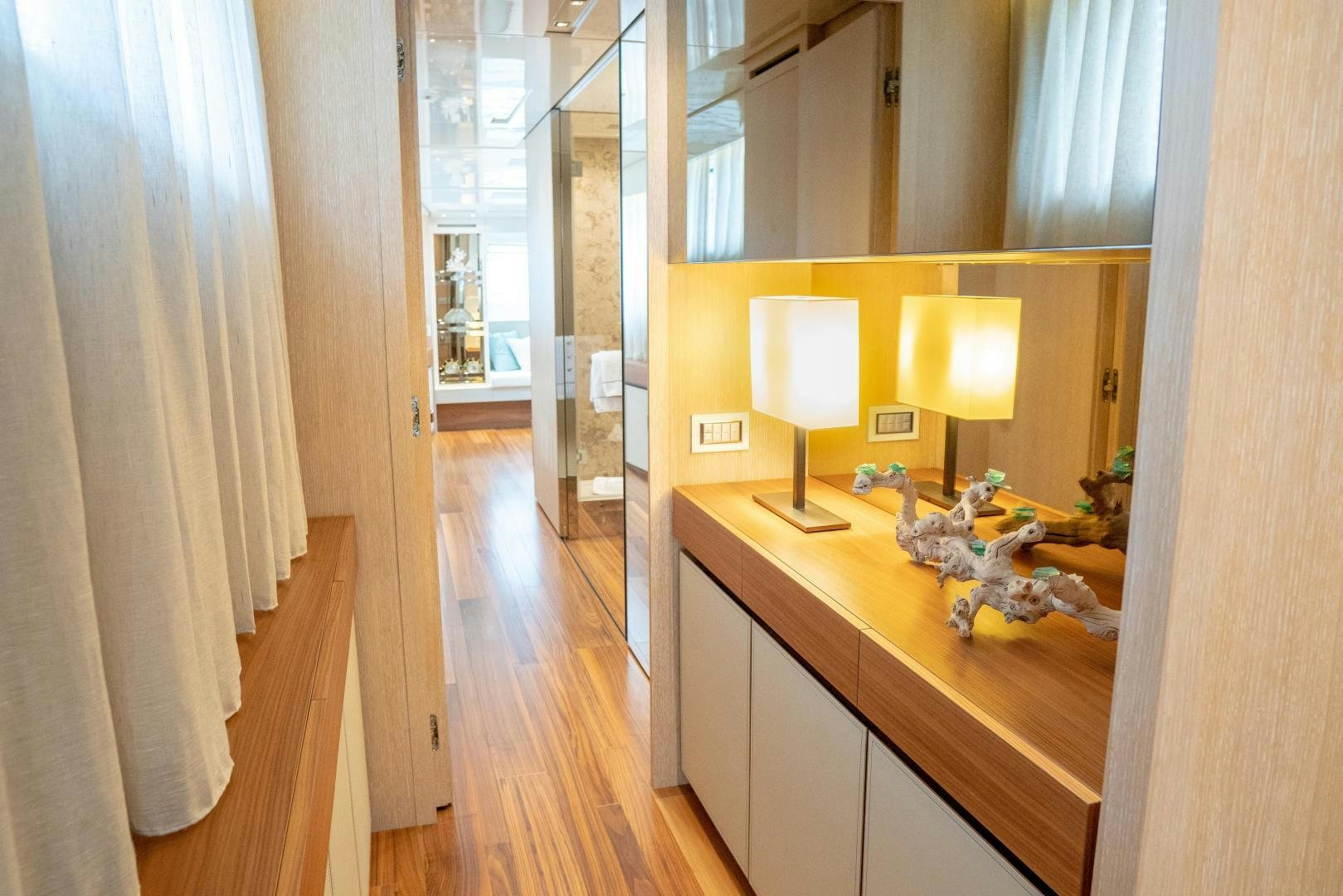 a room with a counter and a lamp on the counter aboard BODACIOUS Yacht for Sale