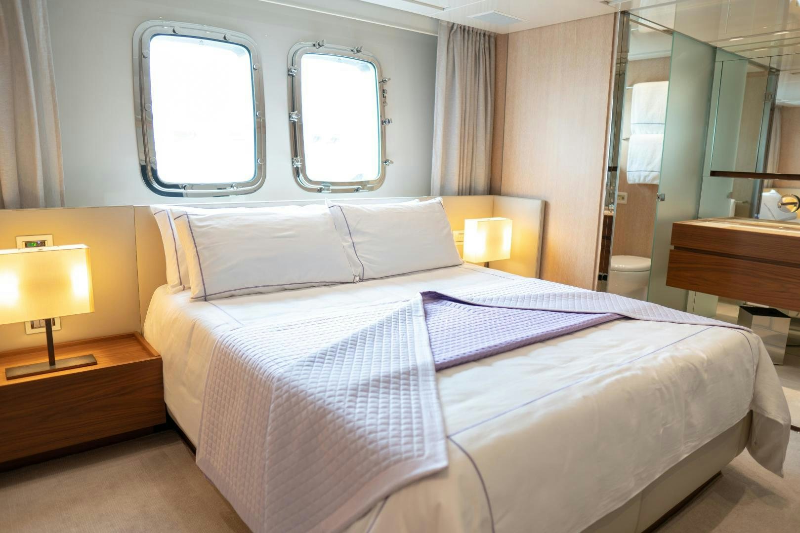 a bed in a room aboard BODACIOUS Yacht for Sale