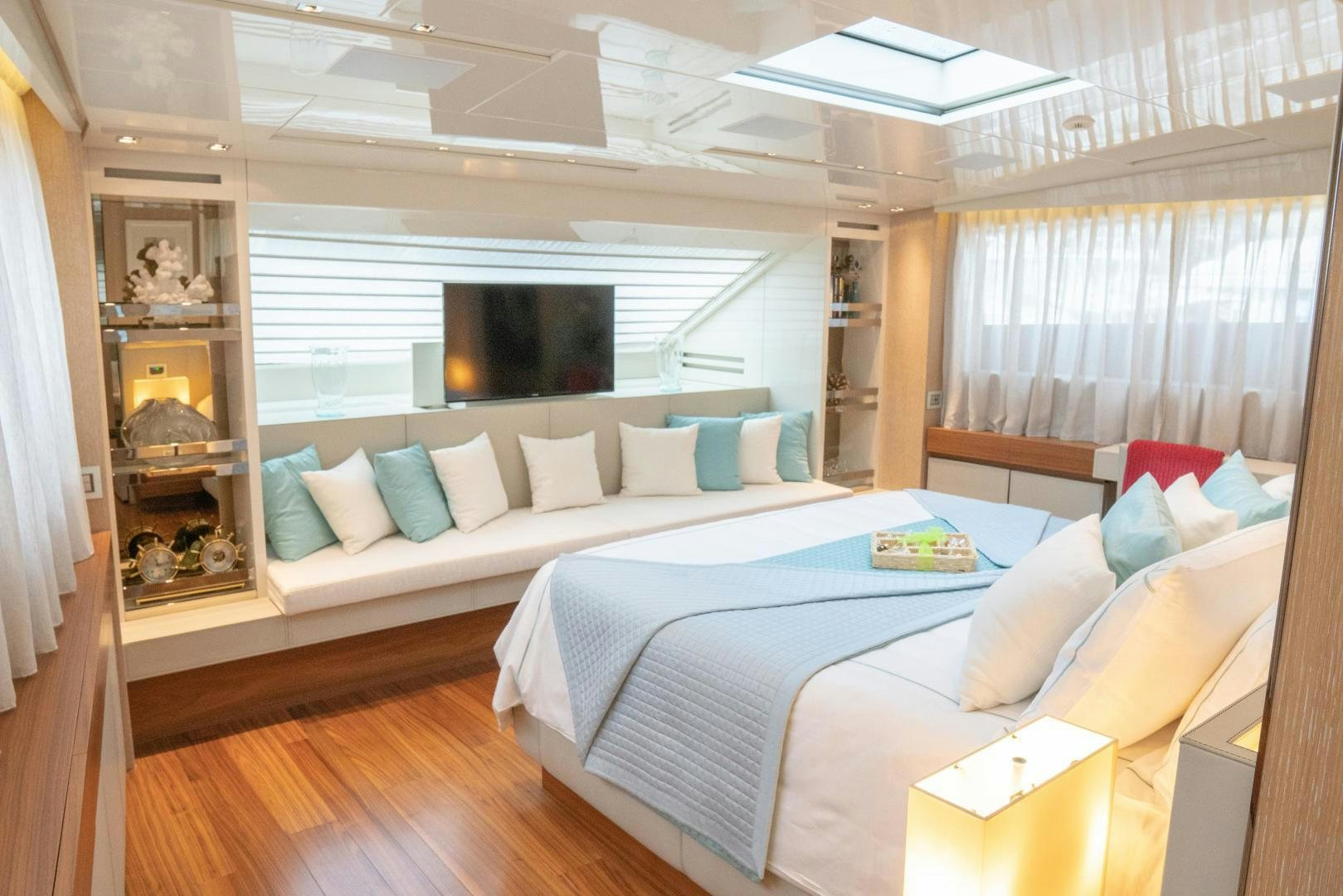 a bed in a room aboard BODACIOUS Yacht for Sale