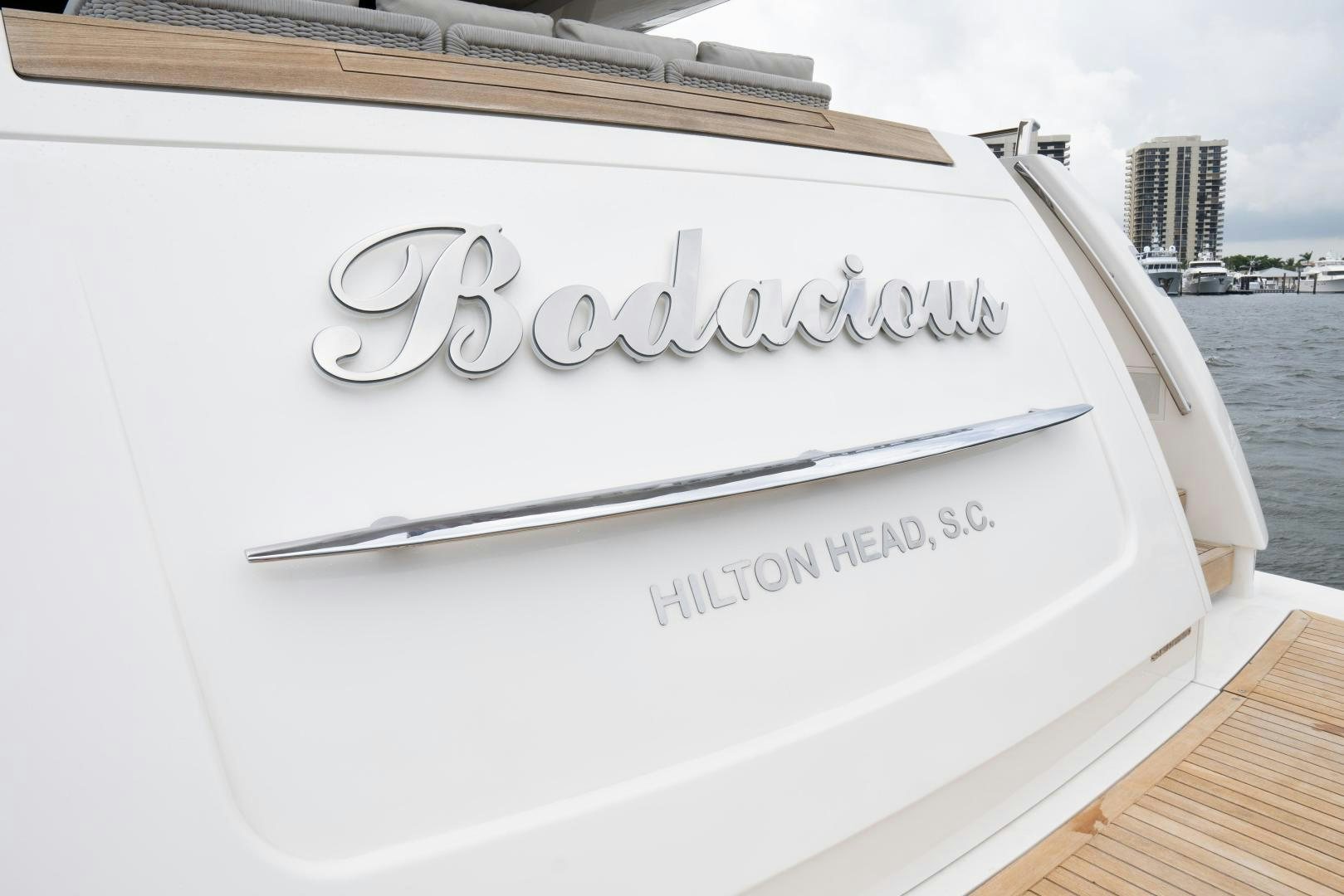 a white sign on a boat aboard BODACIOUS Yacht for Sale