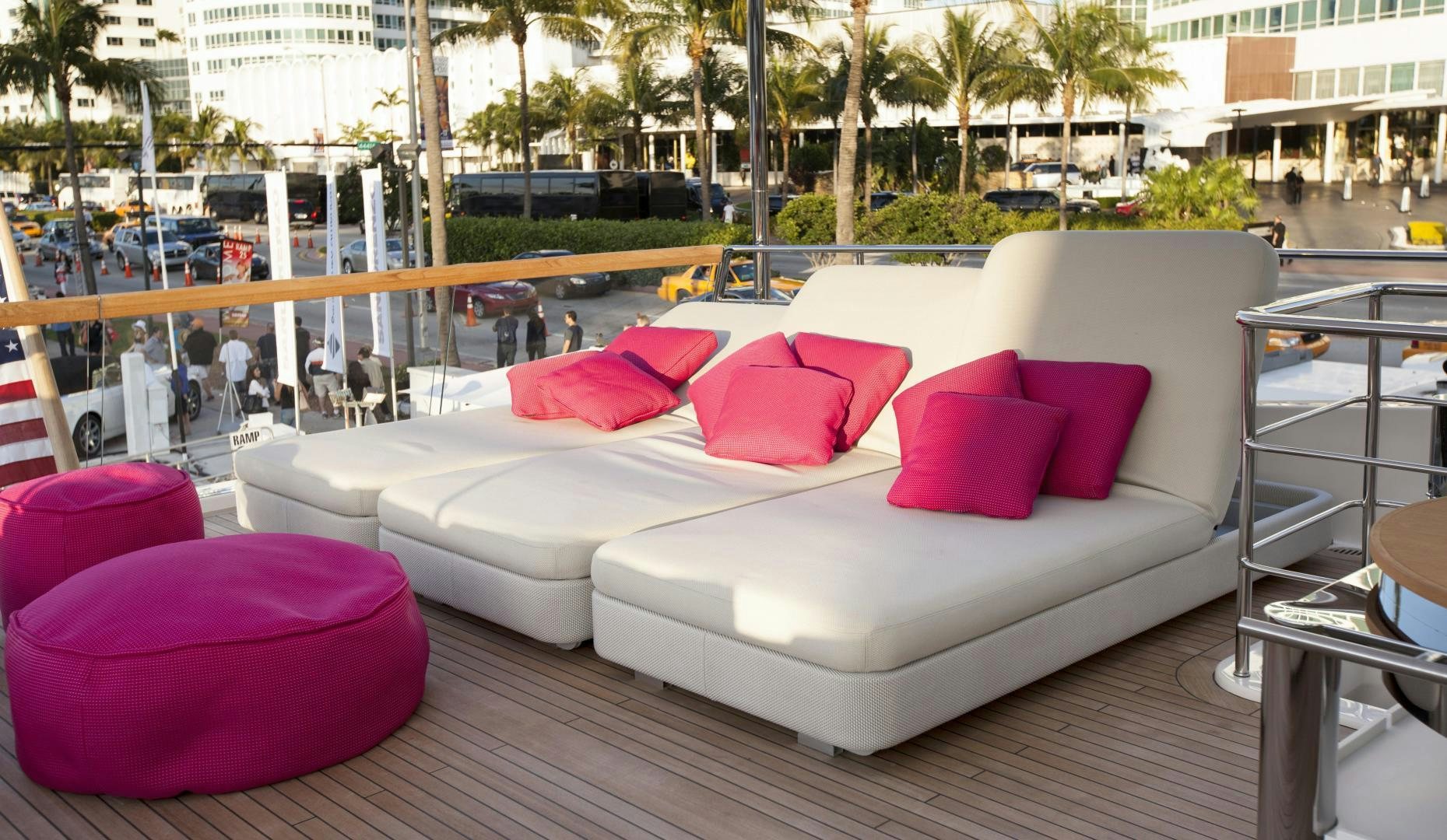a couch on a deck aboard BODACIOUS Yacht for Sale