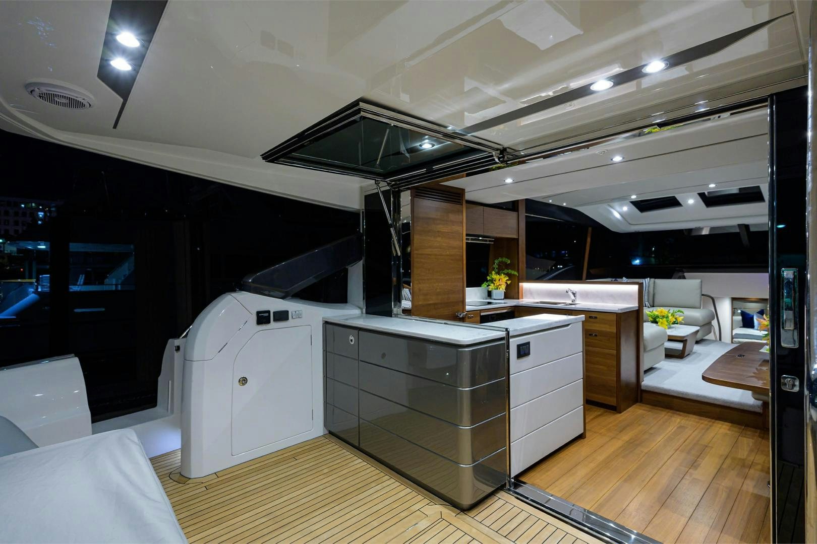 a kitchen with a large island aboard GREAT NEWS Yacht for Sale