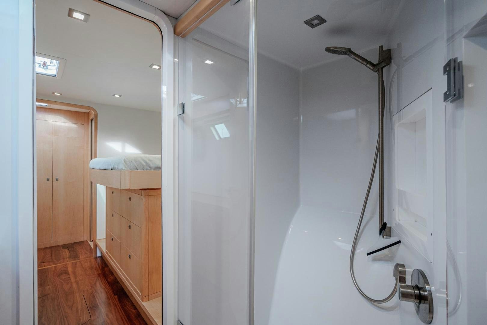 a shower unit in a bathroom aboard MY CAT Yacht for Sale