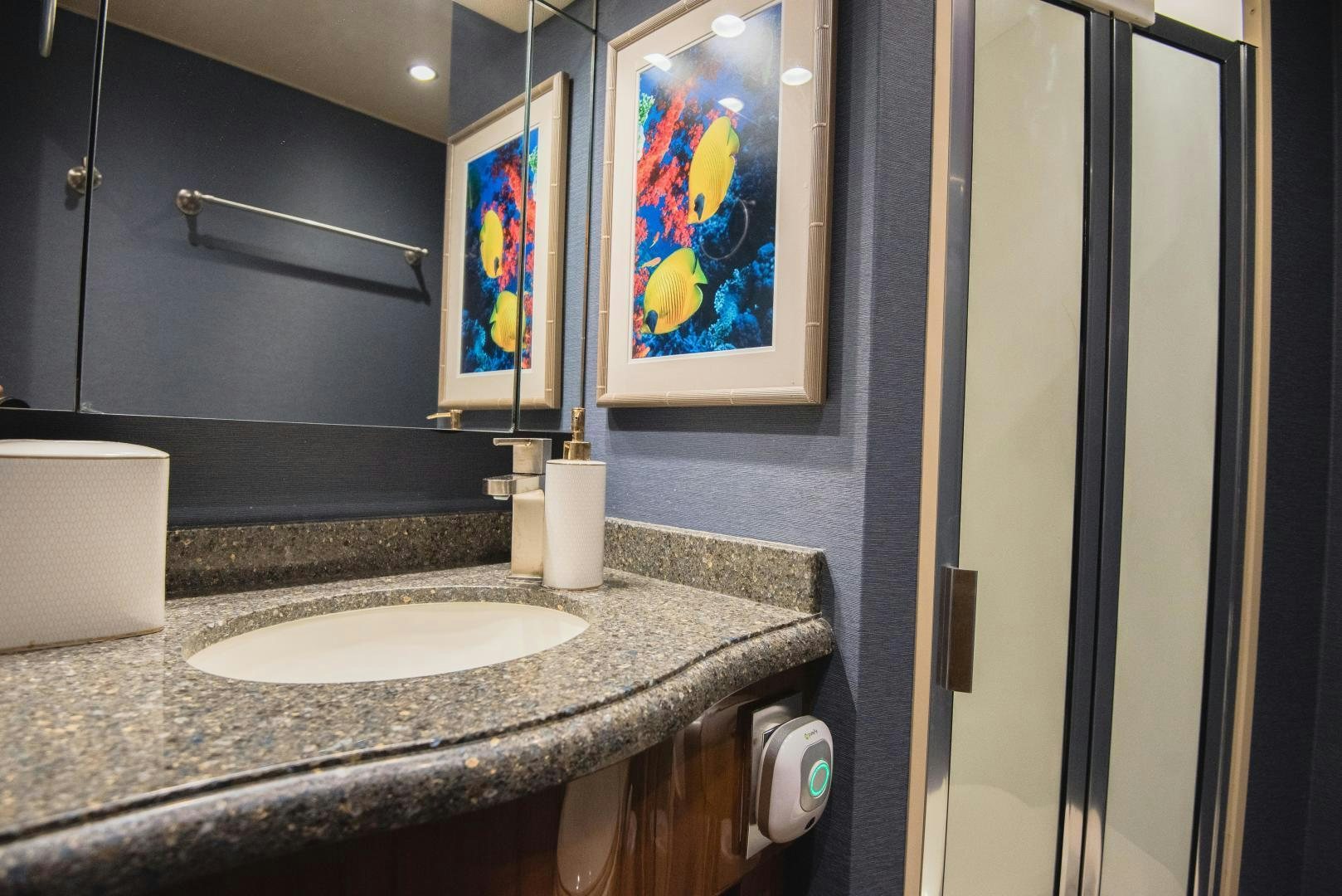 a bathroom with a countertop sink and mirror aboard C STUDENT Yacht for Sale