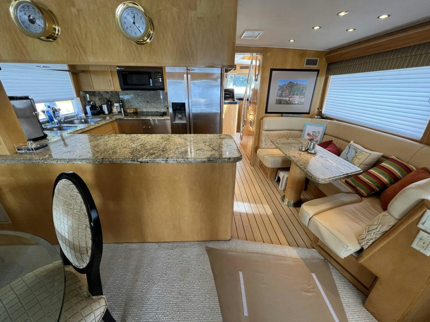 a kitchen with a large island aboard LUCKY JOE Yacht for Sale