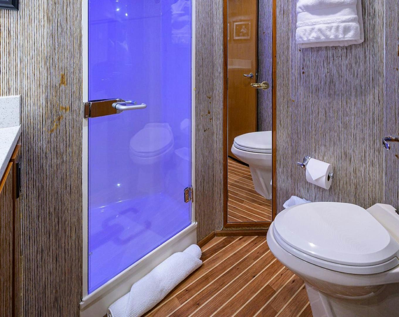 a bathroom with a toilet and a shower aboard VAGRANT Yacht for Sale