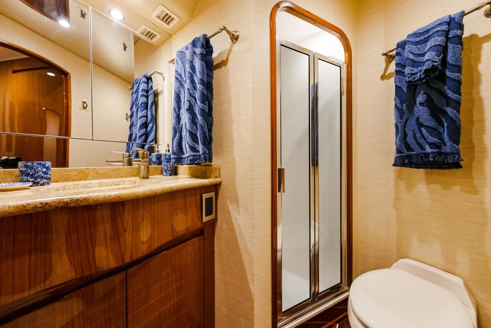 a bathroom with a standup shower aboard PANACEA Yacht for Sale