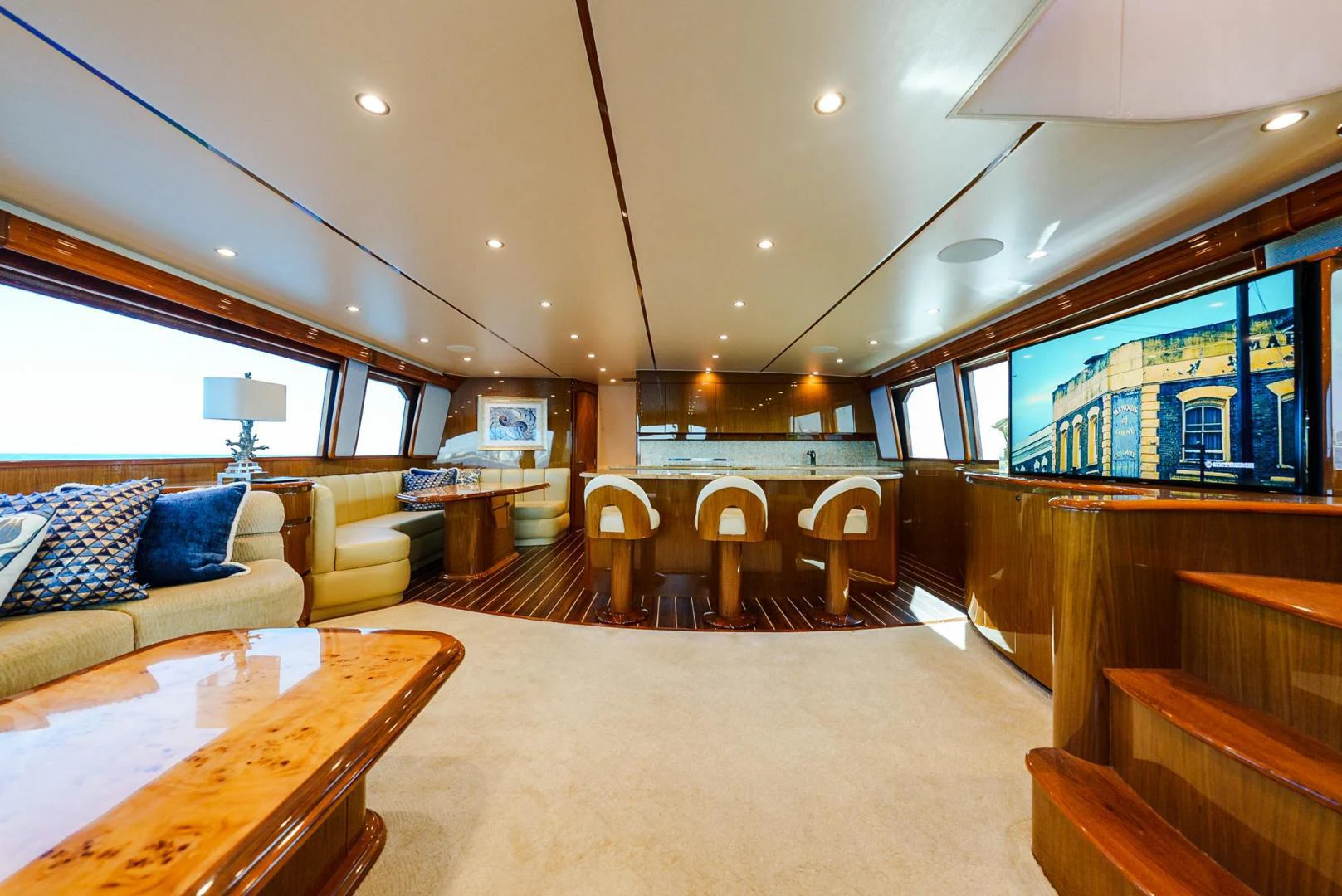 a living room with a large open window aboard PANACEA Yacht for Sale