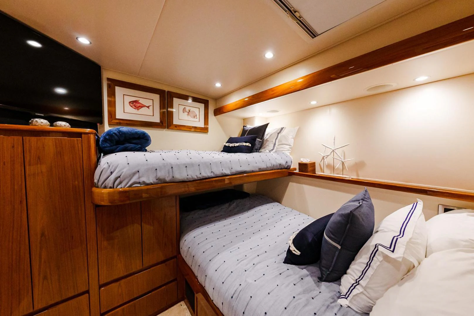 a couple of beds in a room aboard PANACEA Yacht for Sale
