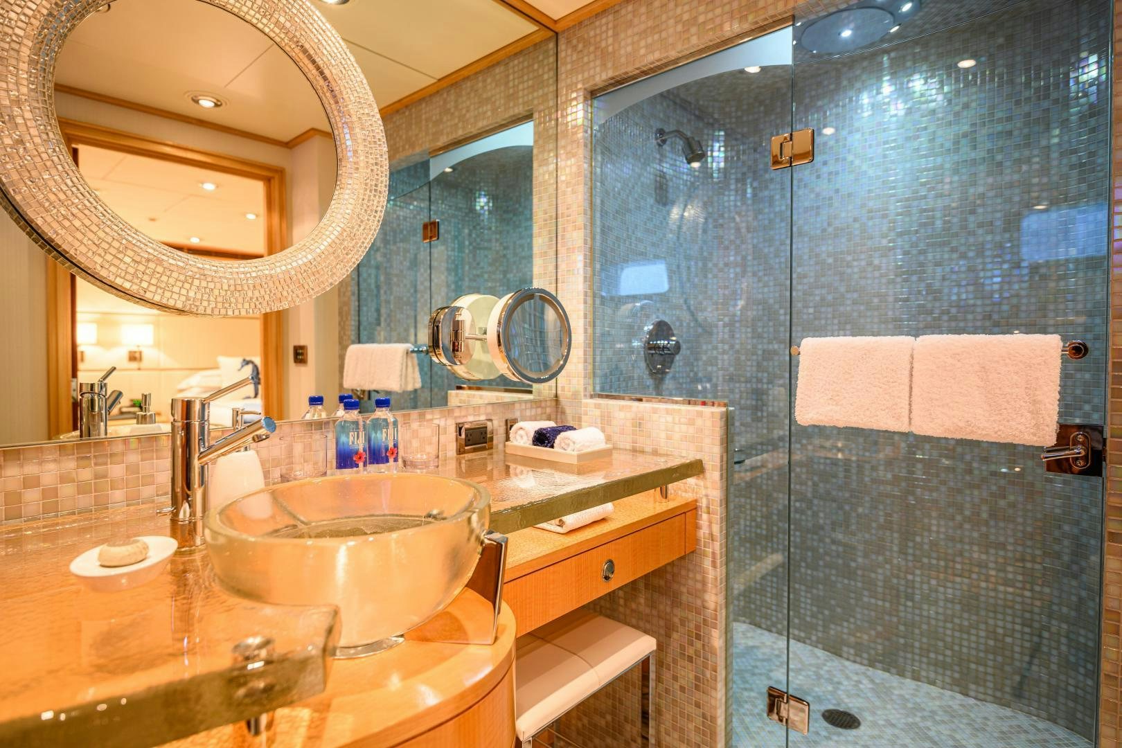 a bathroom with a sink and a mirror aboard VICTORIA DEL MAR Yacht for Sale