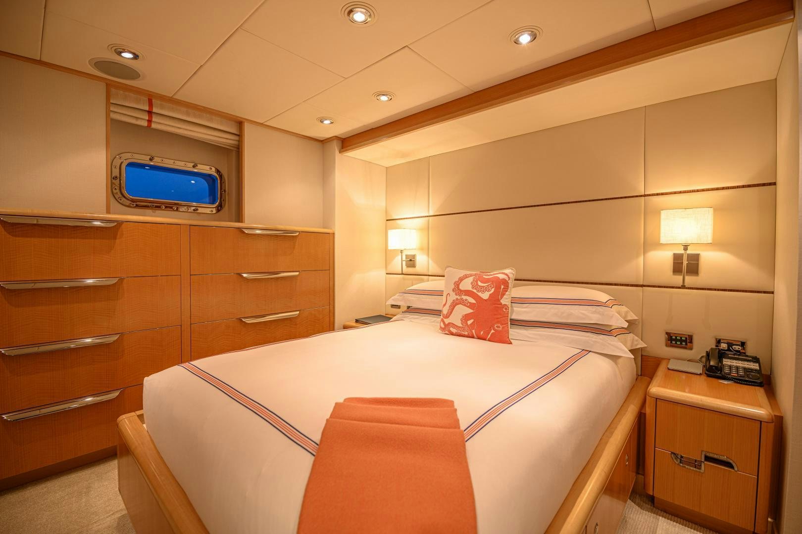 a bed in a room aboard VICTORIA DEL MAR Yacht for Sale