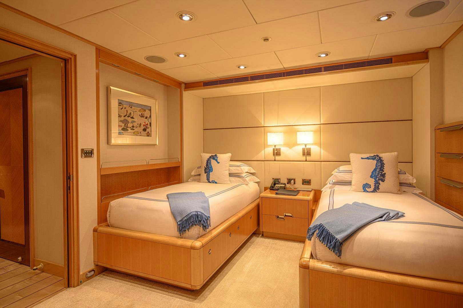 a room with two beds aboard VICTORIA DEL MAR Yacht for Sale