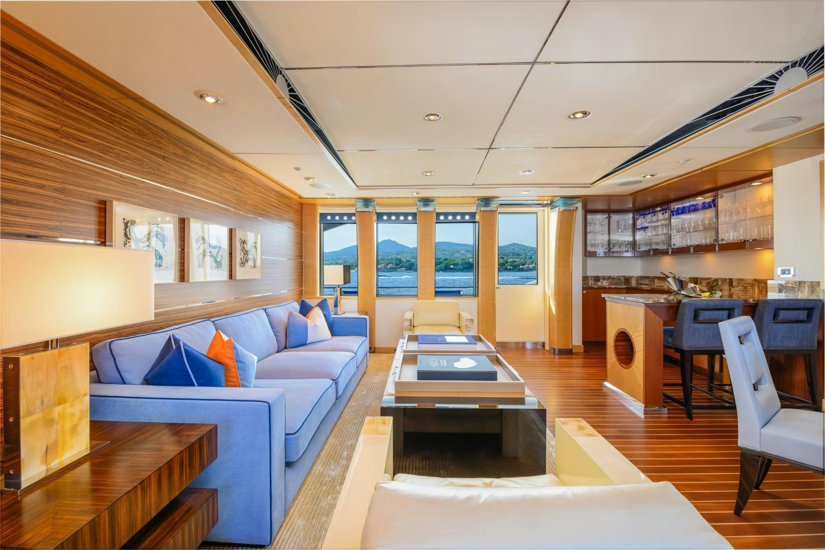 a modern looking living room aboard VICTORIA DEL MAR Yacht for Sale