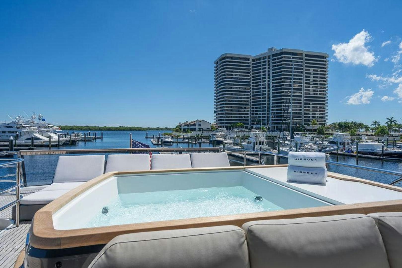 a boat in a harbor aboard HIDEOUT Yacht for Sale