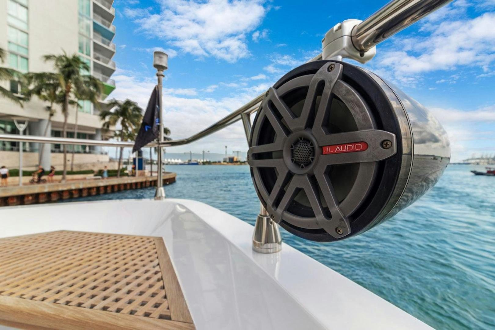 a large satellite dish on a dock aboard U WISH Yacht for Sale