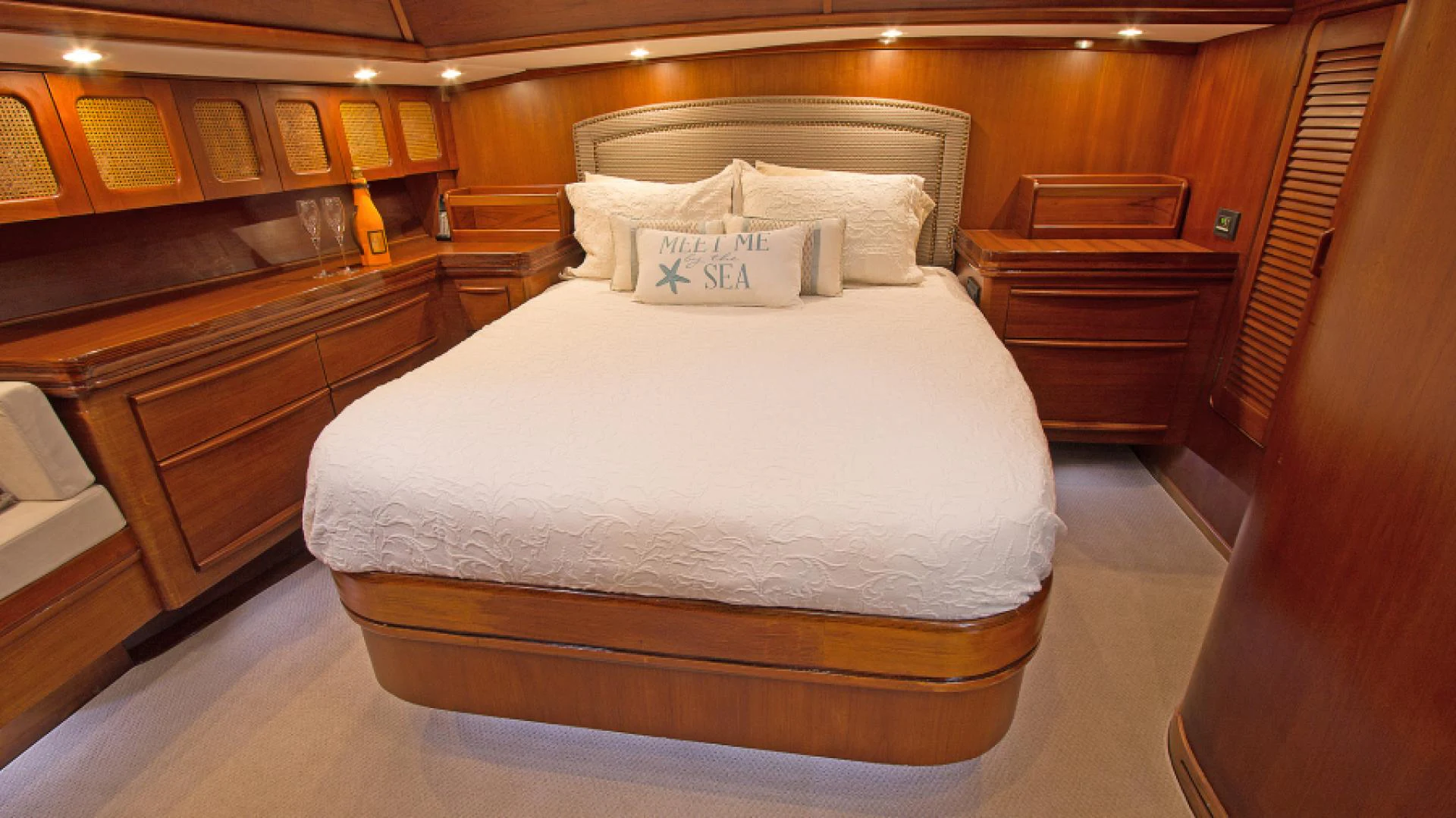 a bed in a room aboard EAGLE'S NEST Yacht for Sale