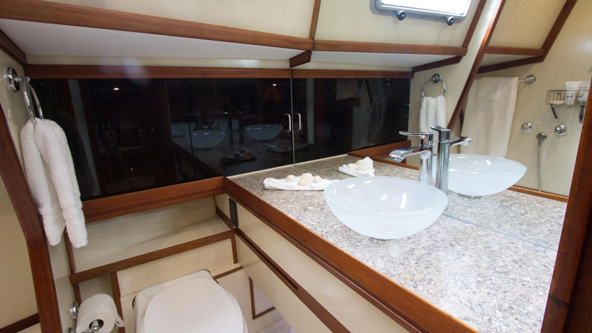 a bathroom with two sinks aboard EAGLE'S NEST Yacht for Sale