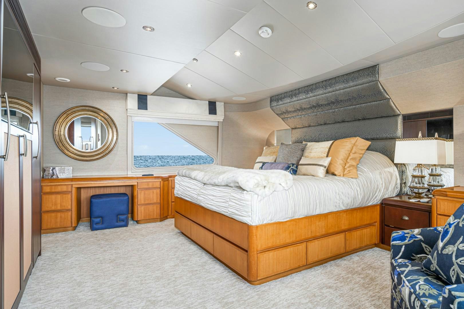a bedroom with a large bed aboard AFTERGLOW Yacht for Sale