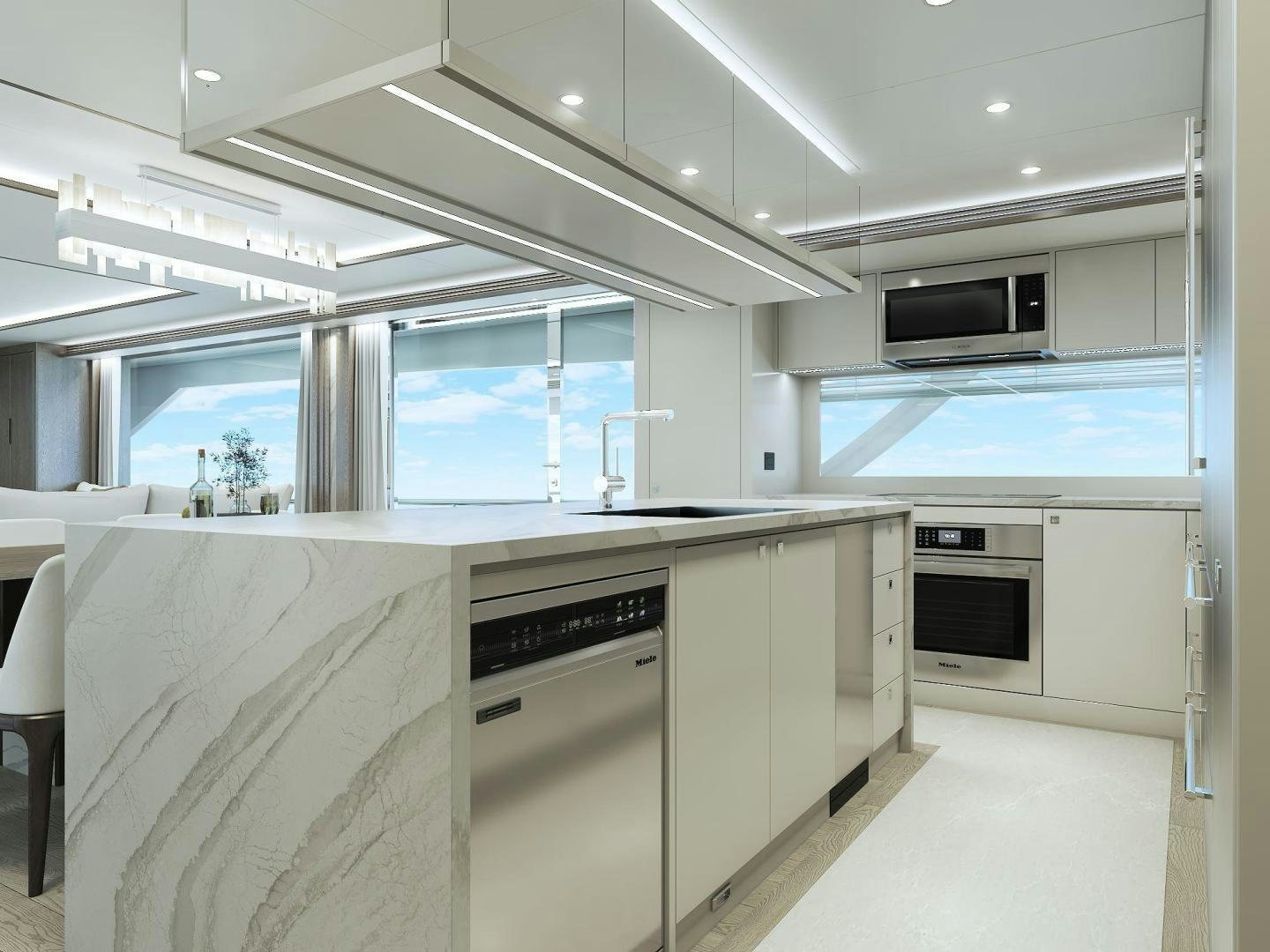 a kitchen with a large window aboard FD90 229 Yacht for Sale