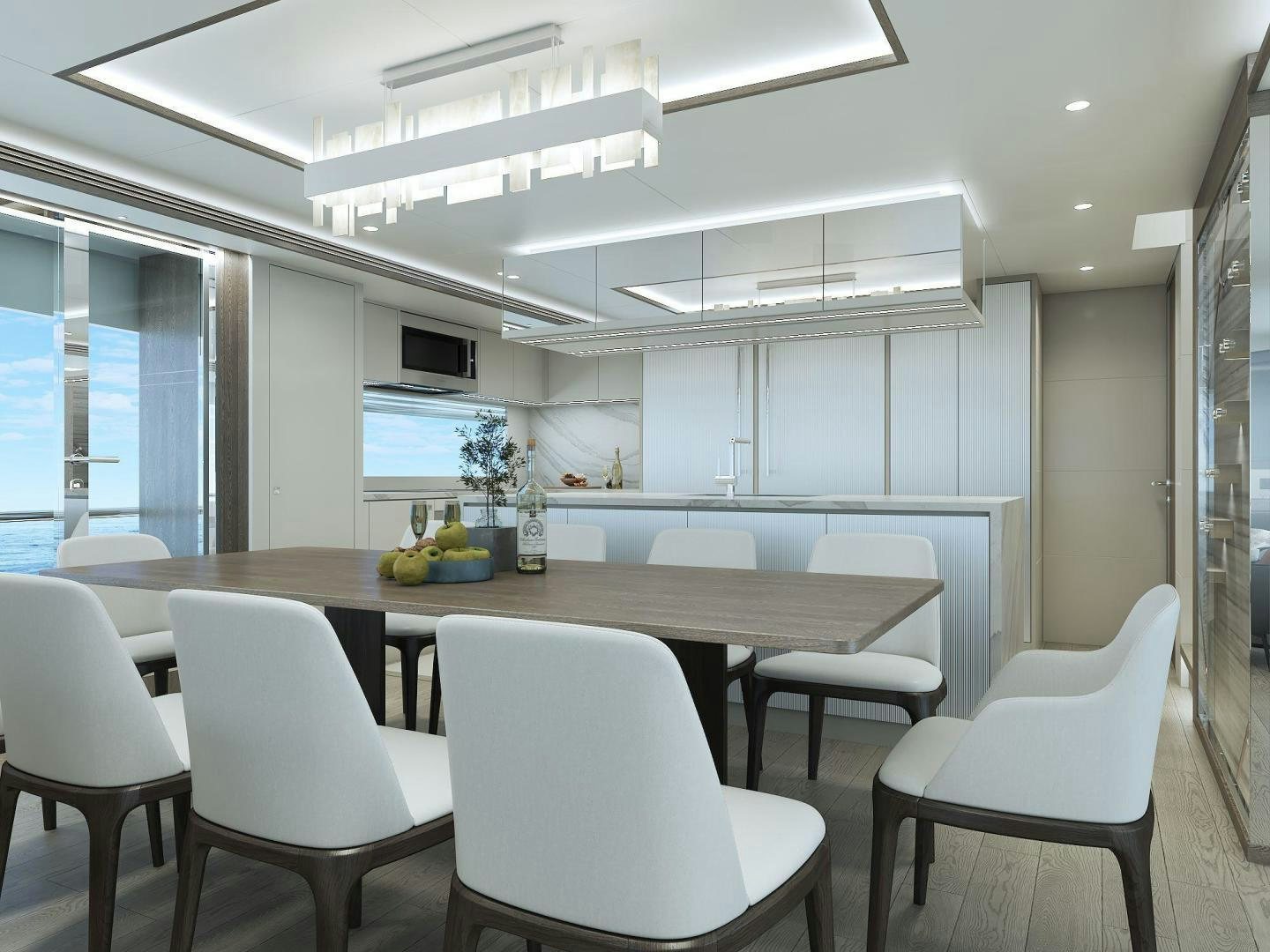 a room with white chairs and a table with white chairs aboard FD90 229 Yacht for Sale