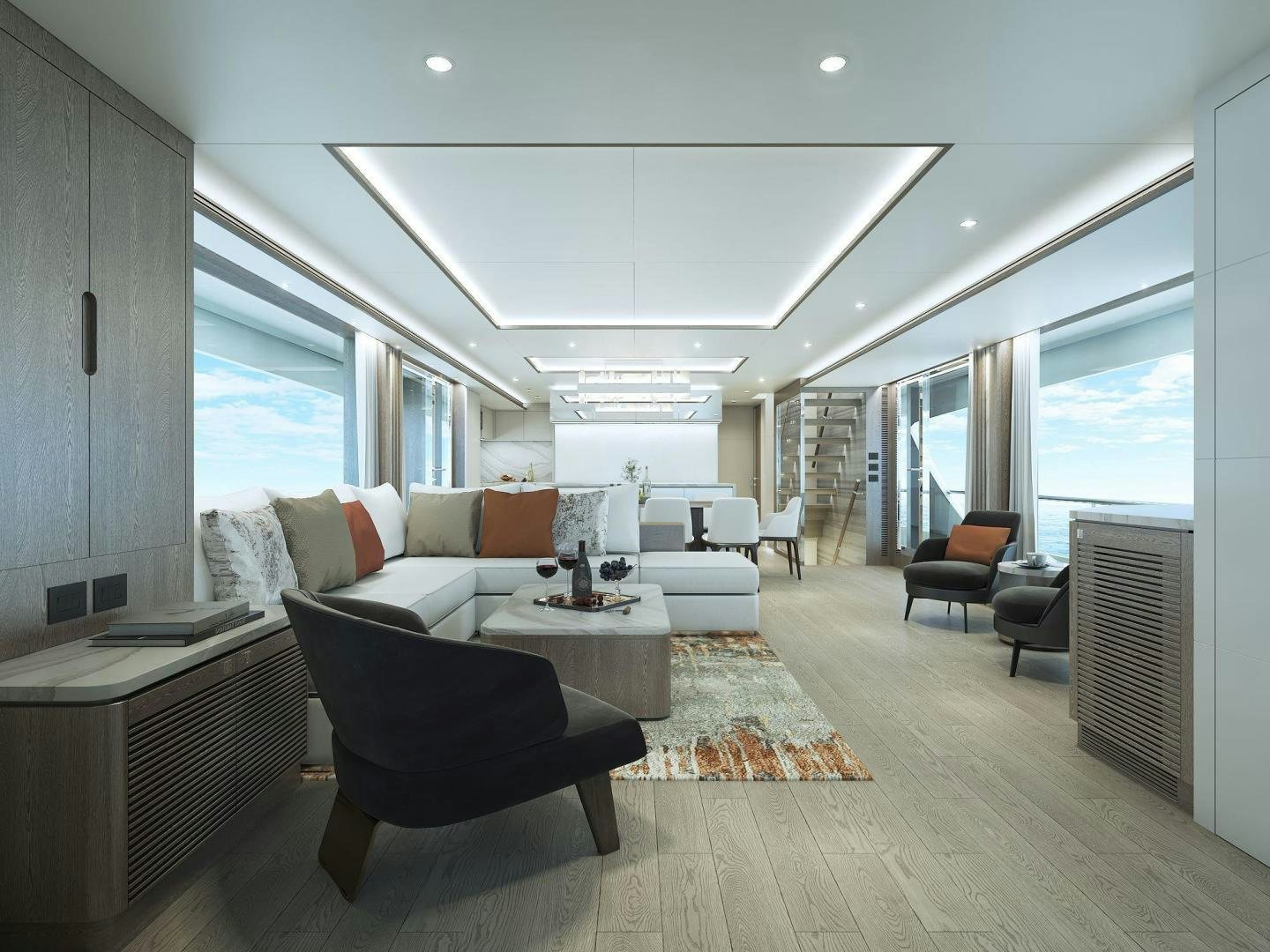 a room with a couch and a table and chairs aboard FD90 229 Yacht for Sale