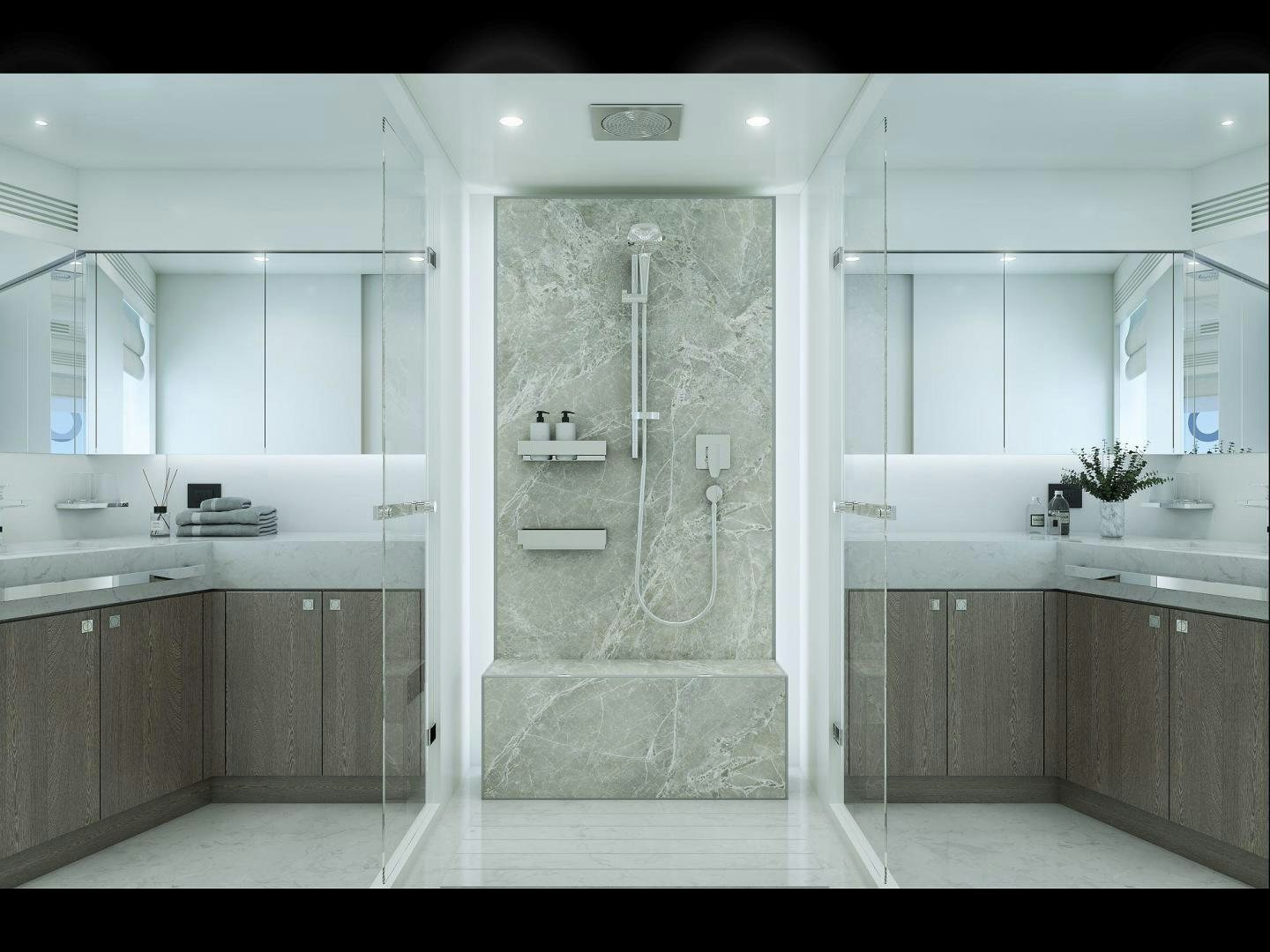 a bathroom with a glass shower aboard FD90 229 Yacht for Sale