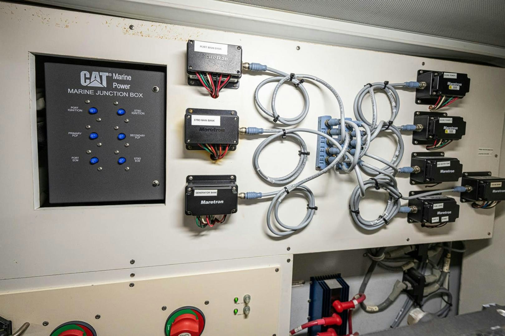 a white board with wires and electronics aboard AWAKEN Yacht for Sale