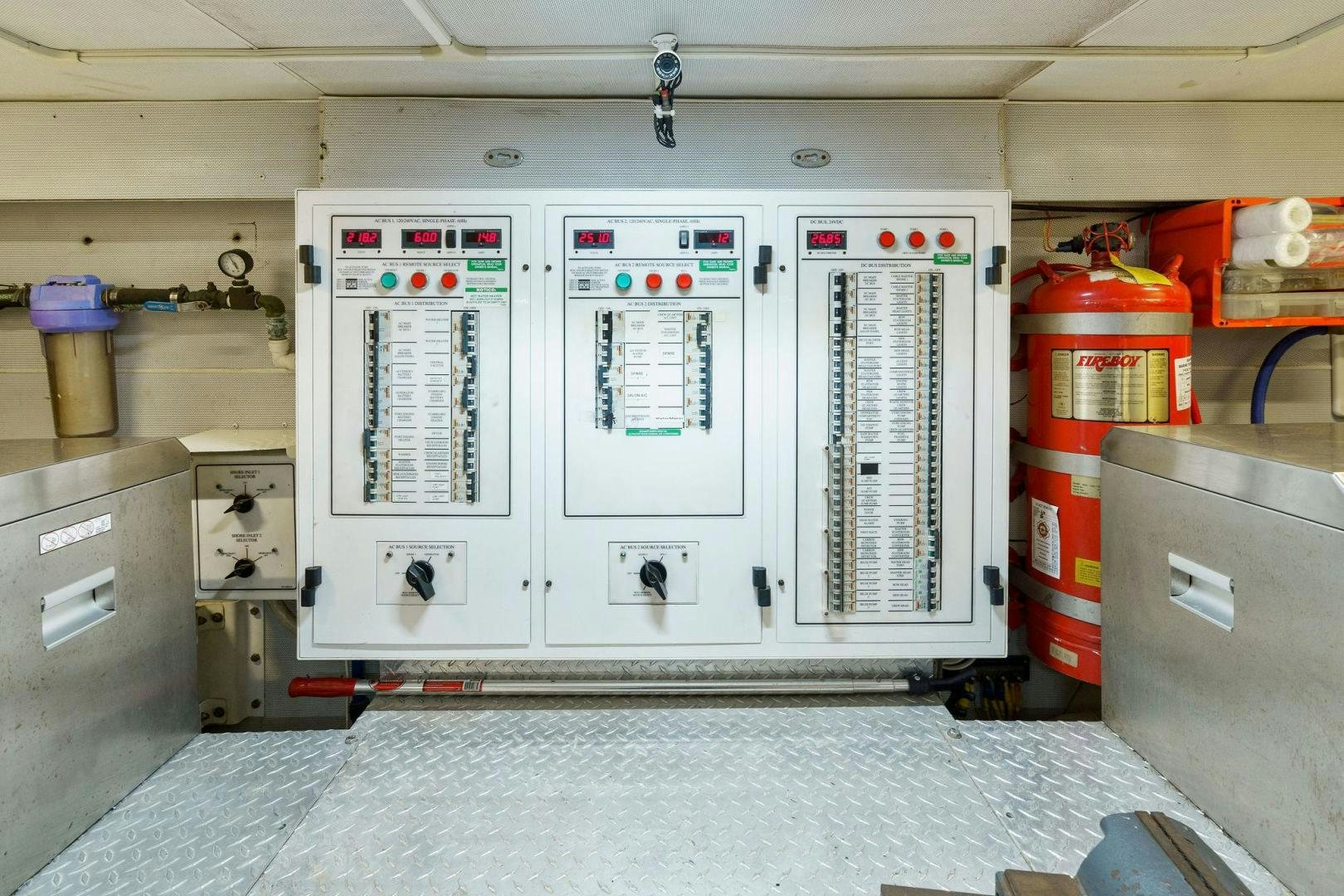 a white cabinet with a red and blue door aboard LA BELLA VITA Yacht for Sale