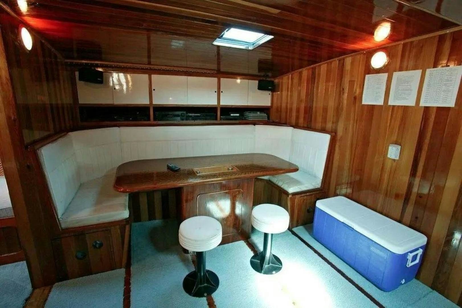 a table with stools and stools in a room with wood walls aboard CHRISTINE Yacht for Sale