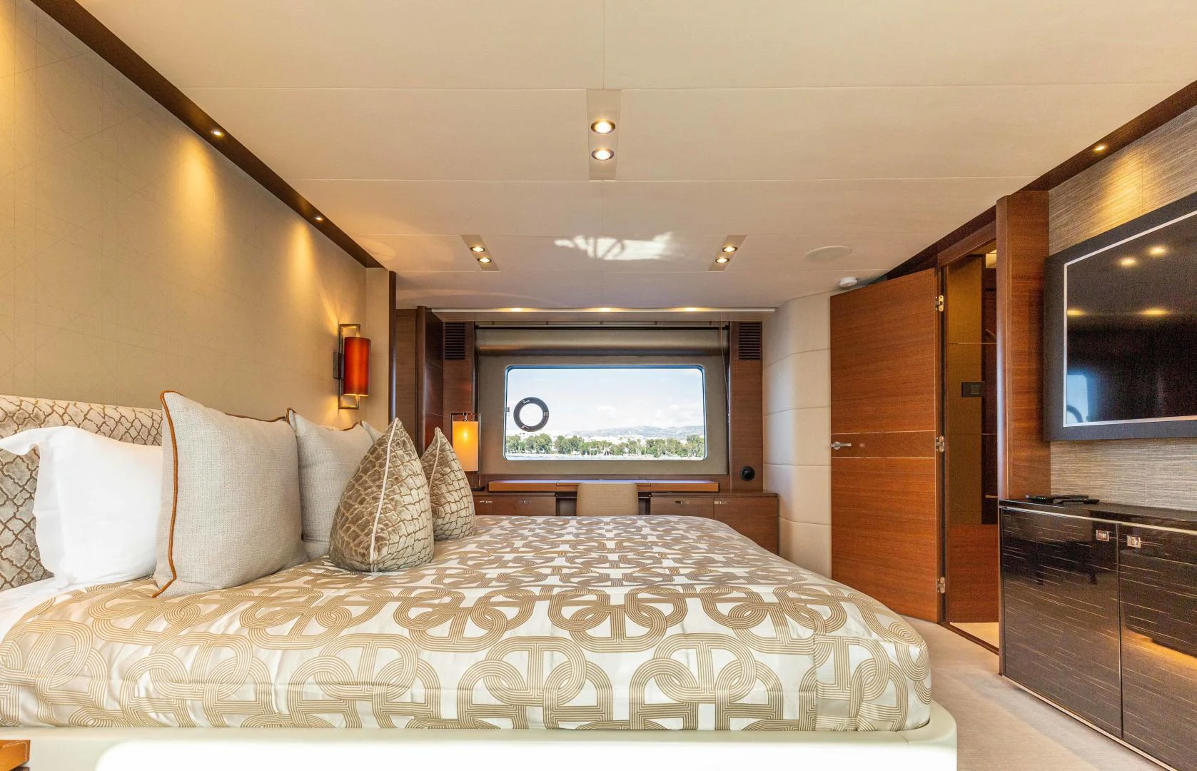a large bed in a room aboard CAPE COD Yacht for Sale