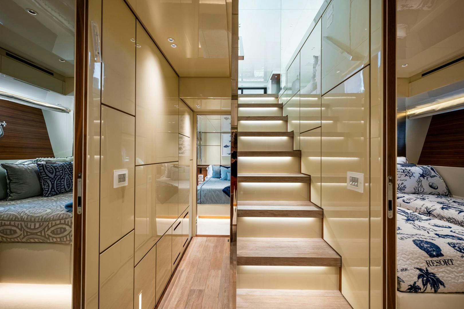 a room with a bed and a door aboard ABOUT TIME Yacht for Sale