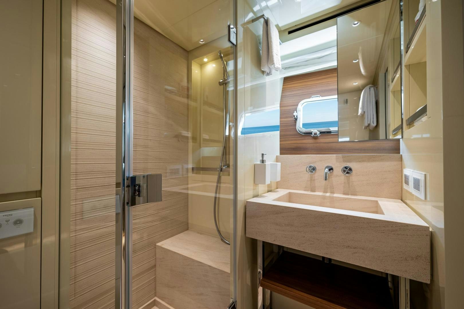 a bathroom with a sink and a mirror aboard ABOUT TIME Yacht for Sale