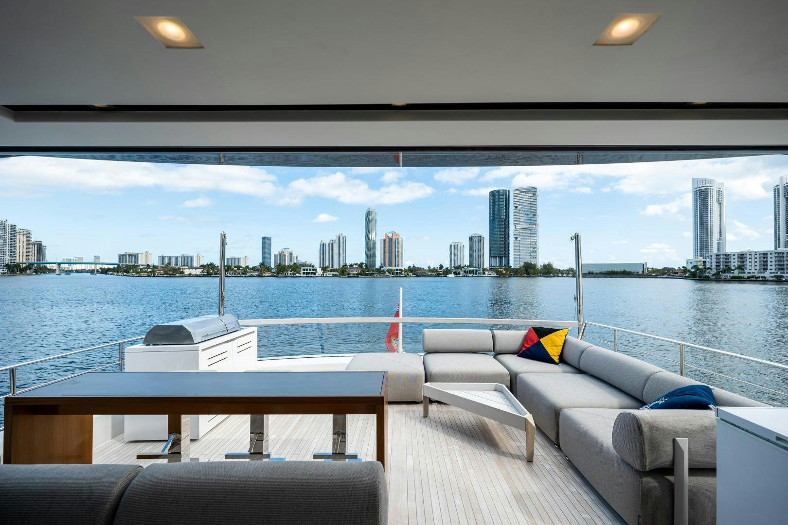 a deck overlooking a city aboard ABOUT TIME Yacht for Sale