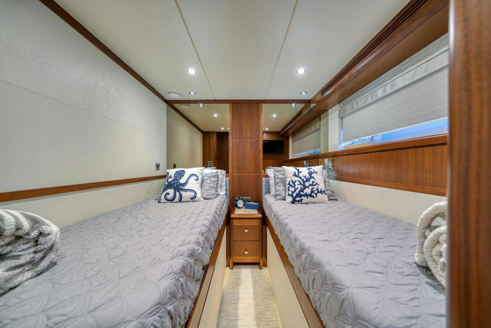 a room with two beds aboard SANCTUARY Yacht for Sale