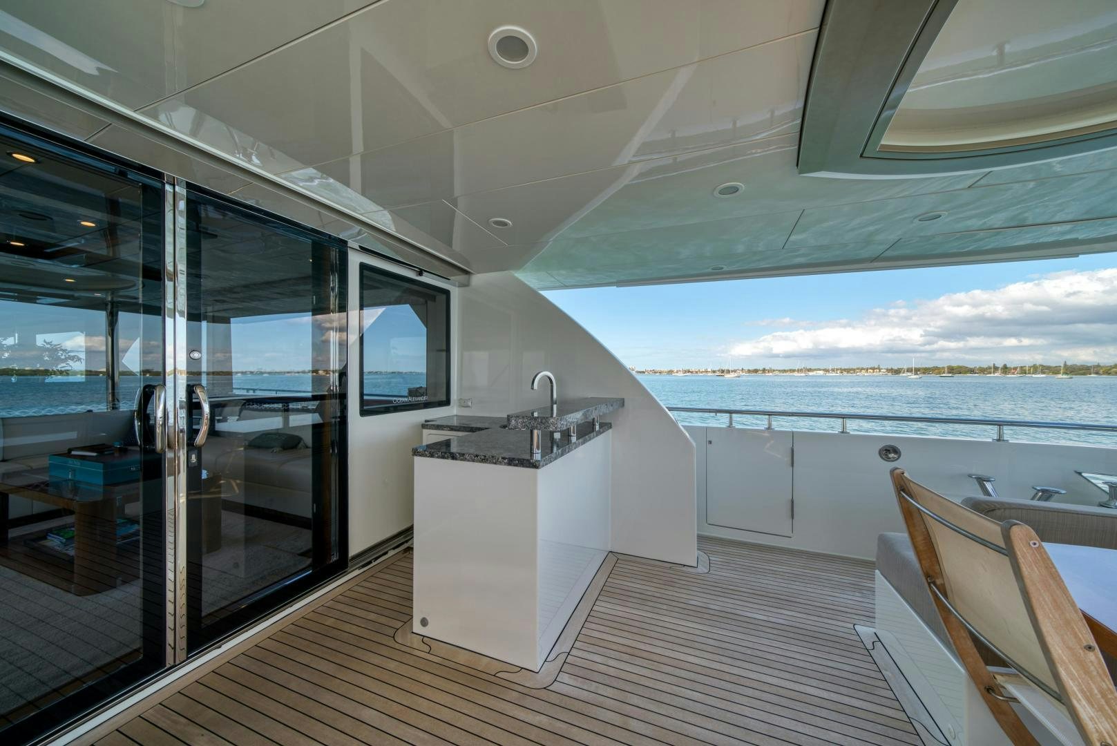 a room with a view of the ocean and the land aboard SANCTUARY Yacht for Sale