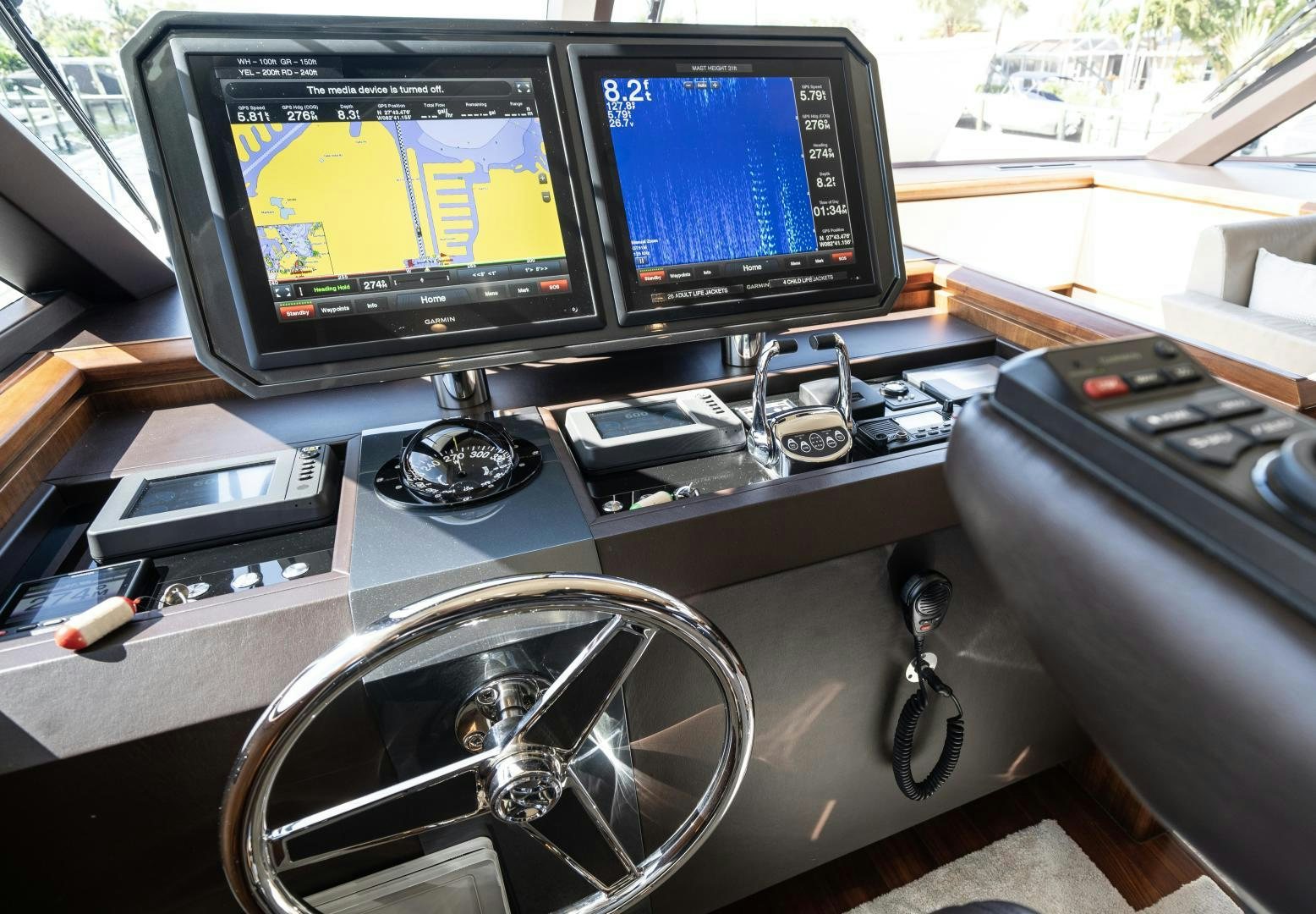 a desk with two computer monitors aboard SANCTUARY Yacht for Sale