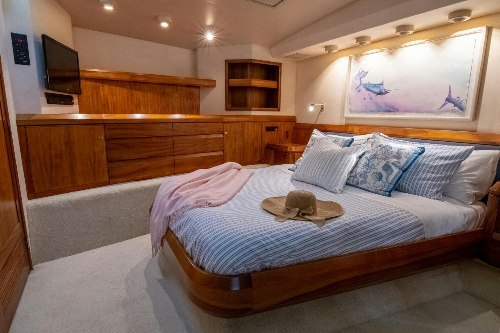 a bed in a room aboard CROUPIER Yacht for Sale