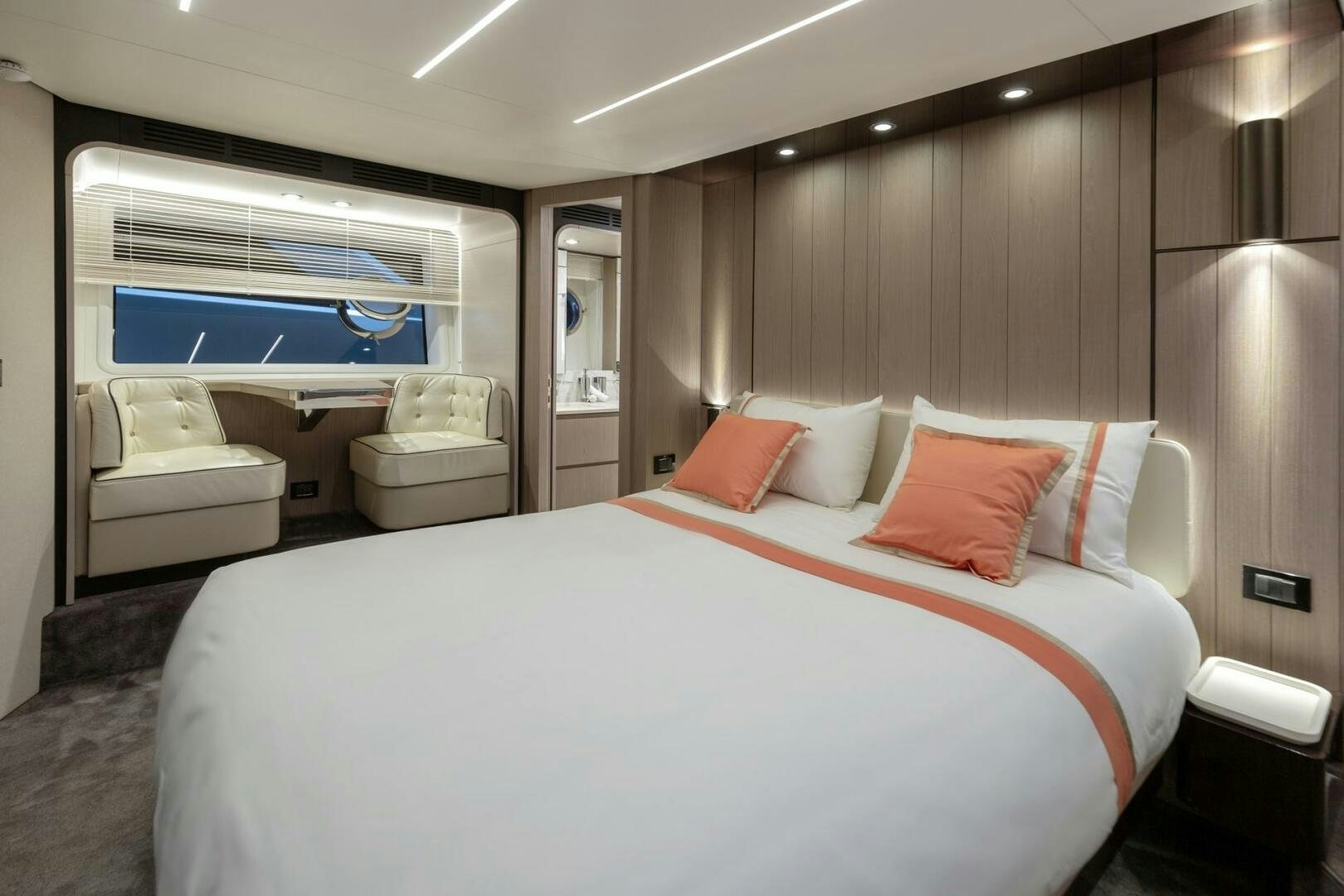 a bed in a room aboard SOLSTICE Yacht for Sale