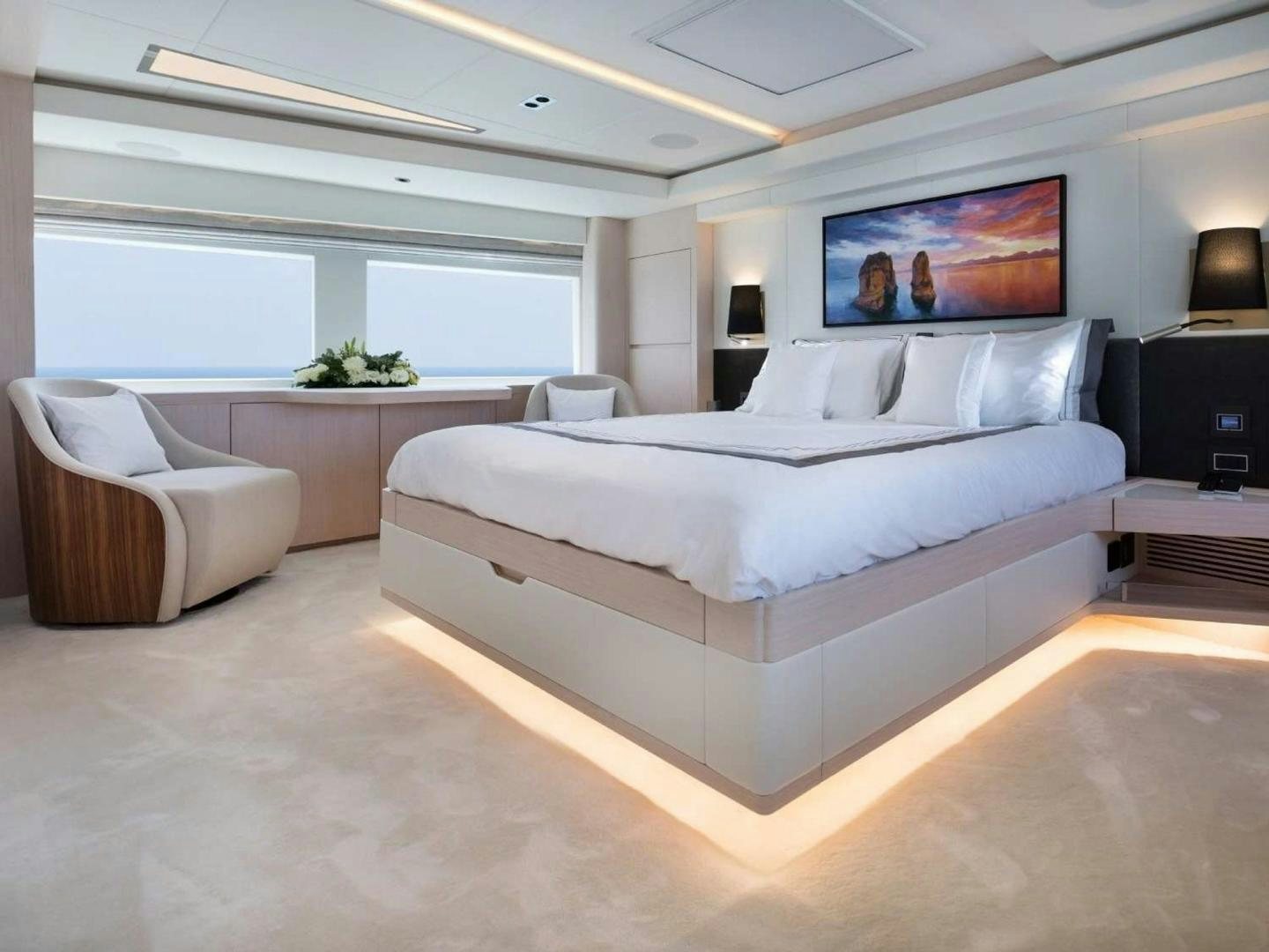 a large white bed in a room aboard OCEAN VIEW Yacht for Sale
